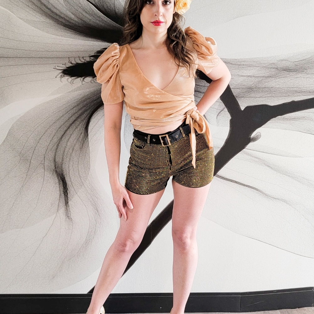 Wrapped Blouse Crop Top w Puff sleeves  shimmery Blouse Cocktail